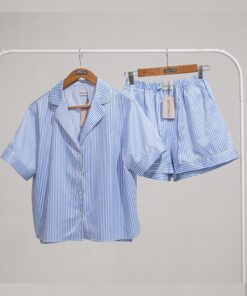 ست پیژامه بلوز و شلوارک  کوتاه راه راه با مغزی نقره ای