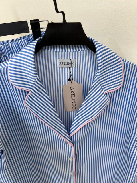 ست پیژامه بلوز و شلوار بلند راه راه با مغزی صورتی - Image 3